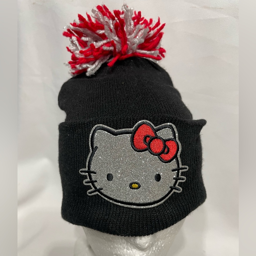 Adult Hello Kitty Beanie With Oversized Pom Silver Glitter Black/Red Sanrio
